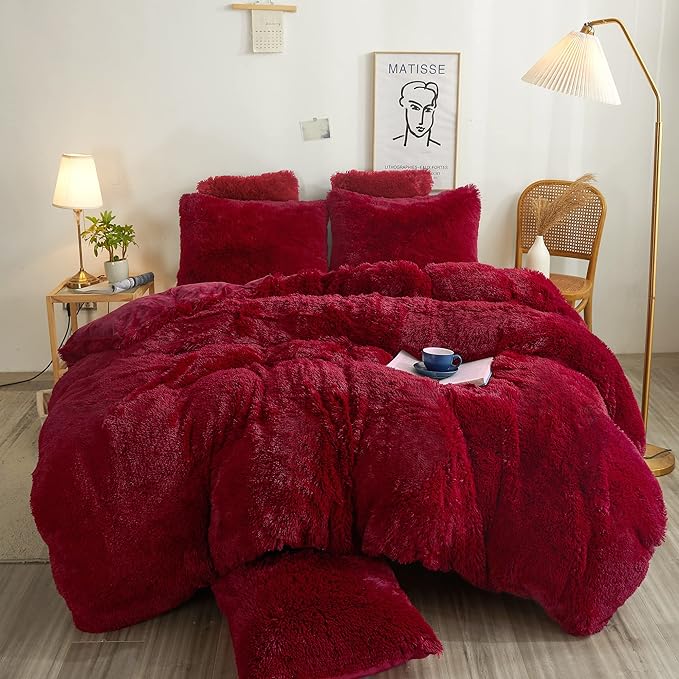 XeGe Plush Shaggy Duvet Cover Set, Luxury Soft Crystal Velvet Fluffy Furry Bedding Sets 2 Pieces(1 Faux Fur Fuzzy Comforter Cover + 1 Faux Fur Throw Pillow Sham), Zipper Closure (Twin, Red)