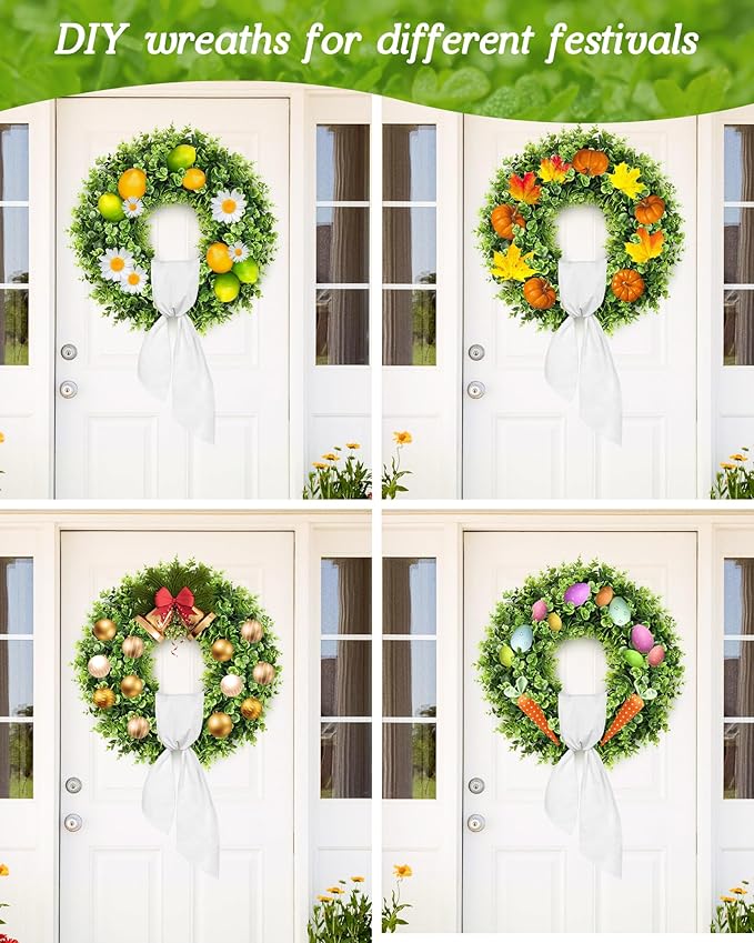 Vlorart 24 Inch Artificial Front Door Boxwood Wreath, Spring Summer Wreaths for Front Door, Large Green Wreath with Sash for Farmhouse Wedding Outside Year Round Indoor and Outdoor for Home Decoration
