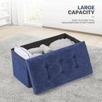 MoNiBloom 30 Inch Storage Ottoman Bench, Rectangle End of Bed Bench, Storage Padded Seat, Linen Fabric Ottoman Footrest for Living Room, Bedroom, Entryway, Navy Blue