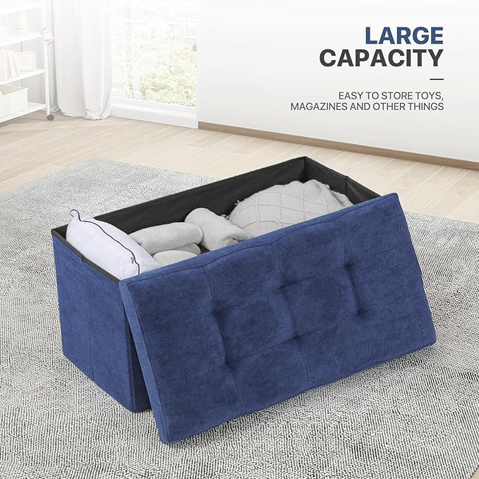 MoNiBloom 30 Inch Storage Ottoman Bench, Rectangle End of Bed Bench, Storage Padded Seat, Linen Fabric Ottoman Footrest for Living Room, Bedroom, Entryway, Navy Blue