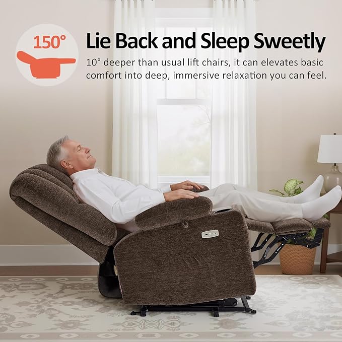 MCombo Large Power Lift Recliner Chair for Elderly, Lift Chair with Heat and Massage, 3 Positions, USB Charge Ports, Cup Holders, Fabric 7099 (Large, Coffee)