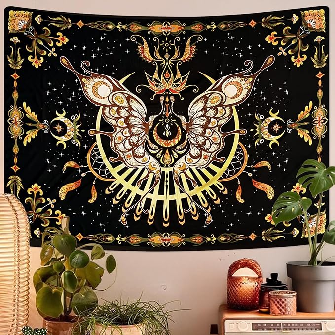 CHDGDHC Butterfly Moth Tapestry,Hippie Floral Aesthetic Wall Tapestries, Psychedelic Aesthetic Decor, Large Tapestry for Bedrooms, Living Rooms, and Dorms-79.92x59.84 Inch