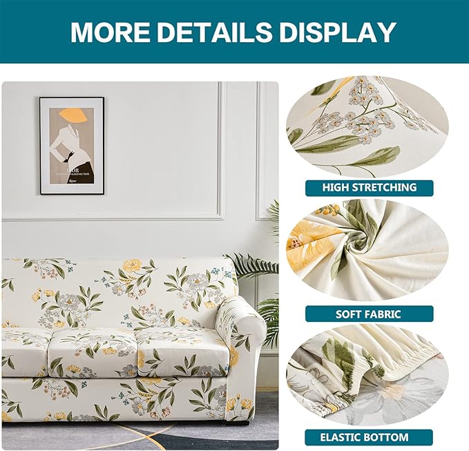 KRFOONN 4 Piece Stretch Sofa Couch Covers for 3 Cushion Couches Printed Sofa Slipcover with 3 Separate Seat Cushion Covers Washable Sofa Slip Covers Furniture Protector for Pets Kids (Large, 24)