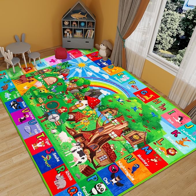 ABC Kids Rug for Playroom 59"×39.4" Hobbit House Educational Kids Playmat Alphabet Animal & Shape Learning, Premium Non-Slip Playmat for Toddlers Letters Farm Animals Color Classroom Carpet