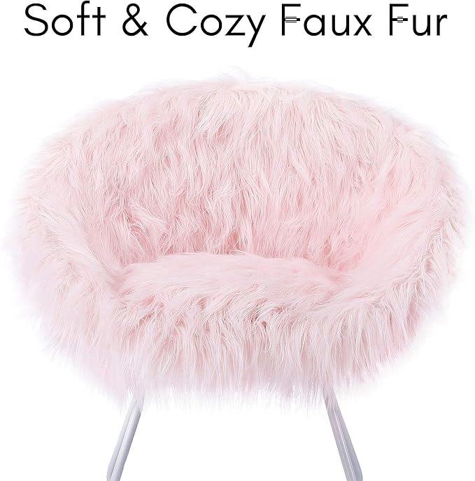 BIRDROCK HOME Faux Fur Papasan Chair with Black Legs - Luxuriously Soft & Lightweight - Wide Cushion Seat for Playroom, or Living Room - Moon Chair - Metal - Fluffy Round Seat - Circle - Pink