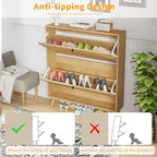 Shoe Storage Cabinet for Entryway with 2 Flip Drawers, Narrow Wood Shoe Cabinet with Fluted Panel, Freestanding Hidden Shoe Organizer for Foyer, Hallway (Wood Color - No Shelf)
