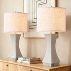 24.5" Modern Table Lamp Set of 2, 3-Way Dimmable Bedside Lamps with USB C & A Charging, Farmhouse Resin Nightstand Lamps with Linen Shade for Bedroom, Living Room, Home Office (Gray)