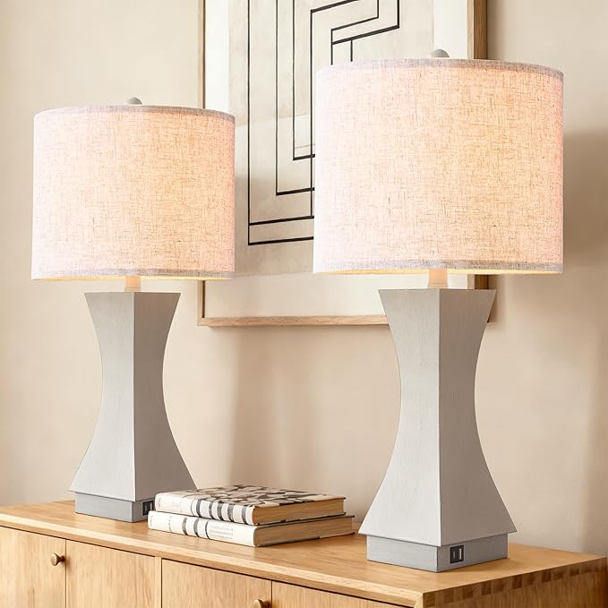 24.5" Modern Table Lamp Set of 2, 3-Way Dimmable Bedside Lamps with USB C & A Charging, Farmhouse Resin Nightstand Lamps with Linen Shade for Bedroom, Living Room, Home Office (Gray)