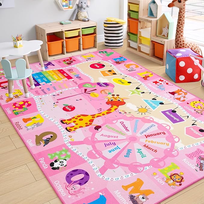 Chicrug Educational Kid Area Rug for Playroom, 6x9 Feet TPR Non Slip Kids Classroom Carpet Rug for Learning ABC Animal, Shape Color Fruit, Washable Play Mat Rug for Children Nursery Toddler Room Decor