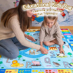 Kids Rugs Playmat for Bedroom Kids Room, Educational ABC Rug for Classroom, Non-Slip Washable Playroom Carpet for Boys Girls, Zoo Road Play Mat, 4x5 Blue