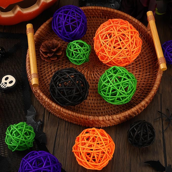 SANNIX 16 Pcs 3 Sizes Big Halloween Rattan Balls Halloween Vase Filler Decorative Balls for Bowls Wicker Balls for Party Decorations Home Table Decor Hanging Ornaments