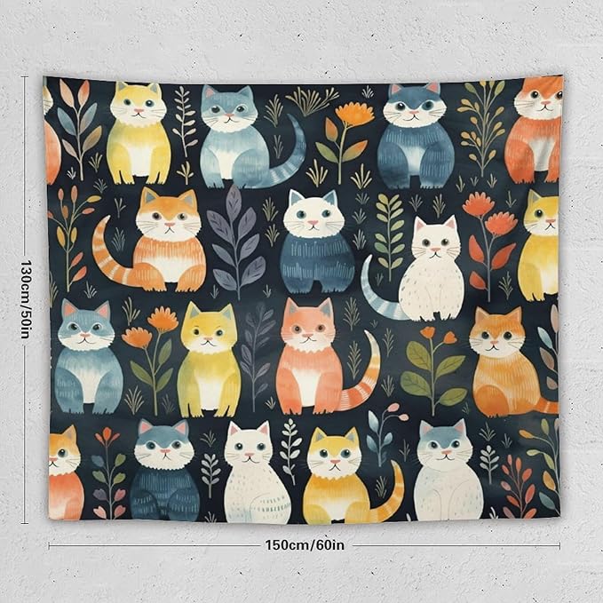 VUMIVI Cartoon Abstract Cat Tapestry Fun Cute Animals Plants Bohemian Modern Art Color Illustration Tapestry Wall Hanging for Living Room Bedroom Dorm Classroom Aesthetic Decor W60xL50in