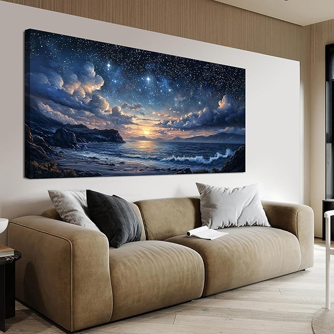 Canvas Wall Art Decor Large Wall Art Pictures for Living Room Landscape Coastal Wall Art Canvas Art Wall Decor Star Night Blue Artwork for Walls Prints Art Work for Room Office Home Wall Decor 29"x58"
