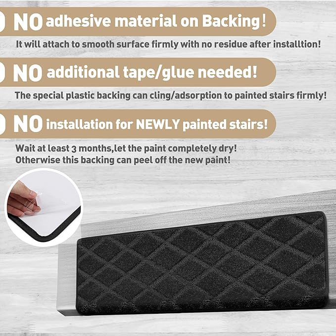 PURE ERA Bullnose Carpet Stair Treads Tape Free Non-Slip Indoor Stair Protectors Pet Friendly Stair Treads for Wooden Steps 9.5" x 30"(14 Pieces,Black Diamond Trellis)