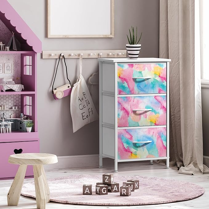 Sorbus Nightstand with 3 Drawers - Bedside Furniture & Accent End Table Chest for Home, Bedroom Accessories, Office, College Dorm, Steel Frame, Wood Top, Pastel Fabric Bins