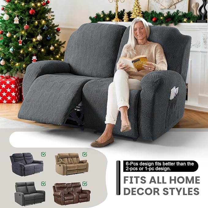 VANSOFY Recliner Loveseat Cover, 6-Pieces Stretch Dual Recliner Sofa Cover Soft Jacquard Reclining Couch Slipcover Furniture Protector with Elastic Bottom for Kid, Pets(2 Seat,Dark Gray)