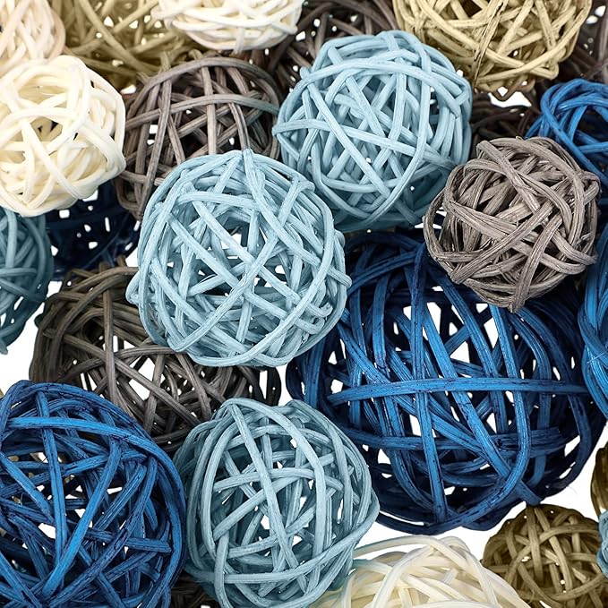 Patelai 72 Pcs Wicker Rattan Balls Decorative Balls for Vase Centerpiece Bowls Orbs Filler for Spring Summer Craft Home Decor, 4 Sizes(Blue, Sky Blue, Gray, Beige, White)