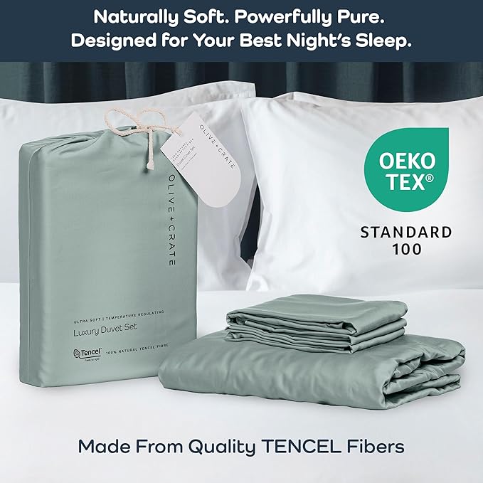 Olive + Crate Tencel Eucalyptus Cooling Duvet Cover Set - Hypoallergenic, Lyocell Tencel Duvet Cover - Temperature Regulating with Hidden Button Closure & Corner Ties - California King [Eucalyptus]
