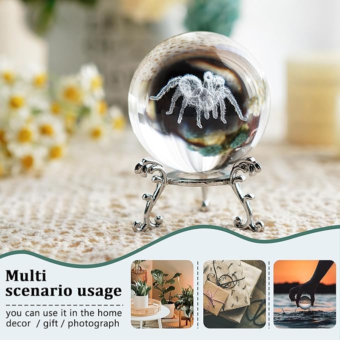 HDCRYSTALGIFTS 60mm 3D Spider Crystal Ball Halloween Decor with Stand 3D Laser Engraved Tarantula Animal Figurine Prop Decorative Glass Full Sphere Table Paperweight