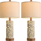 OYEARS 22'' Table Lamp Set of 2 for Living Room,Farmhouse Lamp for for Bedroom,Vintage Retro Bedside Lamps with USB Ports Linen Shade for Home Office (Brown, Bulb Included)