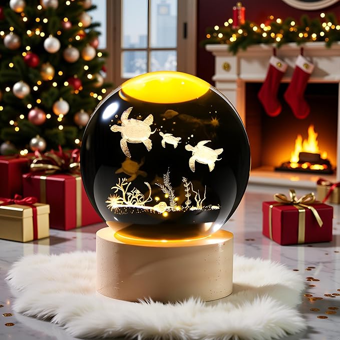 Sea Turtle Gifts for Women Men 3D Sea Turtles Crystal Ball with Wooden Light Base Glass Turtle Figurine Home Decor Gift for Mothers Valentine's Day Christmas Birthday (Diameter 2.36 inches)