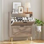 32" W Farmhouse Shoe Storage Cabinet with 2 Flip Drawers and Barn Door Design, Adjustable Shelves, Modern Hidden Slim Narrow Shoe Rack Cabinet for Entryway, Foyer, Hallway, Living Room, Greige