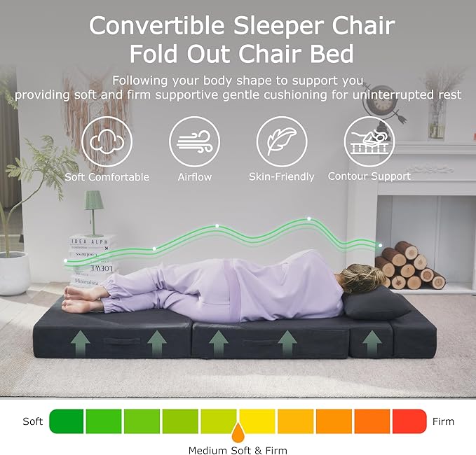 Folding Sofa Bed, 4 in 1 Convertible Sleeper Chair with Pillow, Single Memory Foam Fold Out Chair Bed, Modern Floor Futon Sofa Couch Mattress for Living Room/Guest/Apartment, Dark Grey