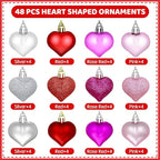 48 Pieces Valentine's Day Heart Baubles Ornaments Valentine's Day Heart Shaped Ornaments for Valentine's Day Decoration or Wedding Anniversary Party Supplies, 4 Colors in 3 Styles