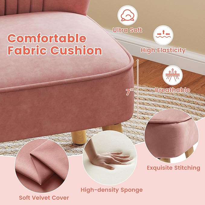 KOMFOTT Velvet Accent Chair Set of 2, Modern Armless Sofa Chair with Solid Rubber Wood Legs, Wingback Leisure Chair with Thick Cushion, Upholstered Side Chair for Living Room, Bedroom, Pink