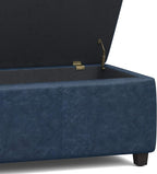 SIMPLIHOME Avalon Storage Ottoman Bench - 48 inch Wide Upholstered Vegan Leather Rectangular Lift-Top Ottoman in Denim Blue, Contemporary Storage Bench for Living Room with High-Density Foam