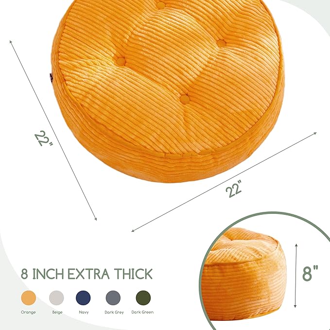 8" Washable Floor Pillow Cushion for Adults, Meditation Cushion Pillow, Large Round Floor Sitting, Removable Tufted Corduroy Cover, for Tatami Living Room or Yoga, 22x22 Inch, Machine Washable