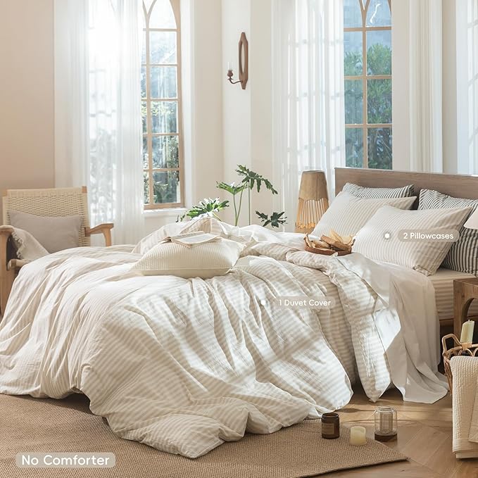 MooMee Striped Duvet Cover Set 100% Washed Cotton Linen Like Textured Breathable Durable Soft Comfy (Almond Milk Grey Classic Stripes, Super Queen 90"x98")