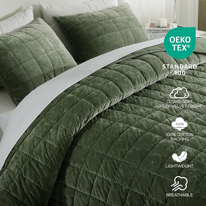 KASENTEX Greek Velvet Twin Quilt Set, 3× Softer Luxe Sheen, 100% Cotton Backing, 150GSM Down-Alternative Fill, Expanded 68×90" Coverage for Fuller Side Drape (1 Quilt + 1 Pillow Shams), Loden Green