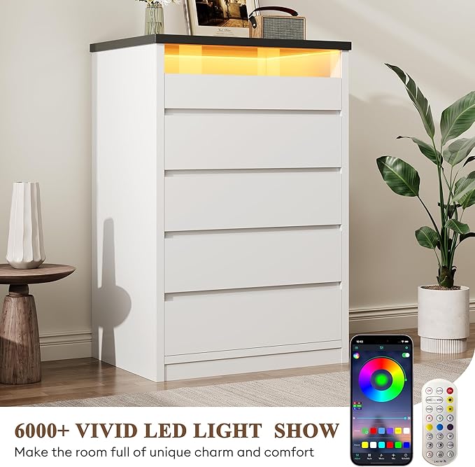 Larger White 5 Drawer Dresser for Bedroom with LED Light, Modern Chest of Drawers with Hidden Handles, Tall Wooden Dresser Closet for Living Room, Entryway, Hallway - White