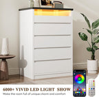 Larger White 5 Drawer Dresser for Bedroom with LED Light, Modern Chest of Drawers with Hidden Handles, Tall Wooden Dresser Closet for Living Room, Entryway, Hallway - White