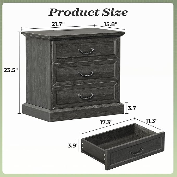 Huuger Nightstand with Charging Station, 3 Drawer Night Stand, 22 Inch Wider Side Table with Storage, Farmhouse Nightstand with Vintage Handles, Thicken Base, for Bedroom, Black