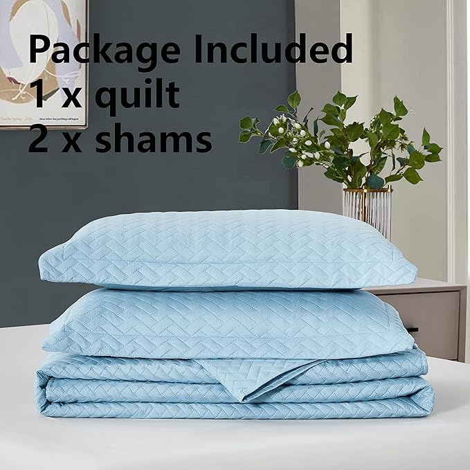 Maple&Stone Quilt Set Queen Size, Lightweight Light Blue Bedspread Ultrasonic Chevron Pattern Light Coverlet for All Season Comforter Bedding Decor - 3 Piece Full Bed Cover Sets