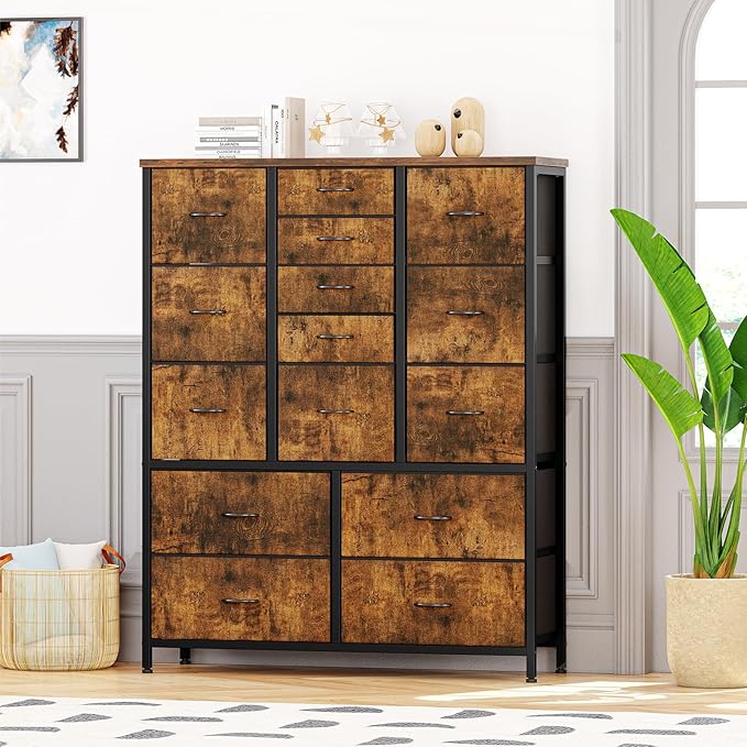 GarveeHome 15 Drawers Dressers, Chest of Drawers with Wood Tabletop, Metal Frame, Storage Organizer Unit with Fabric, Tall Dressers for Bedroom Living Room Hallway Entryway, Rustic Brown