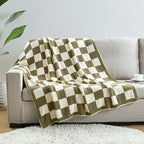 CozeCube Super Soft Fullfy Microfiber Reversible Knitted Blankets, Warm Cozy Fuzzy Plush Throw, Olive Green and White Checkered Throw Blanket for Couch Bed Sofa, 60" x 80"