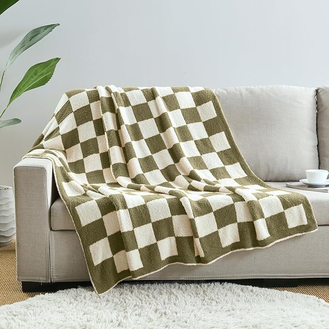 CozeCube Super Soft Fullfy Microfiber Reversible Knitted Blankets, Warm Cozy Fuzzy Plush Throw, Olive Green and White Checkered Throw Blanket for Couch Bed Sofa, 60" x 80"