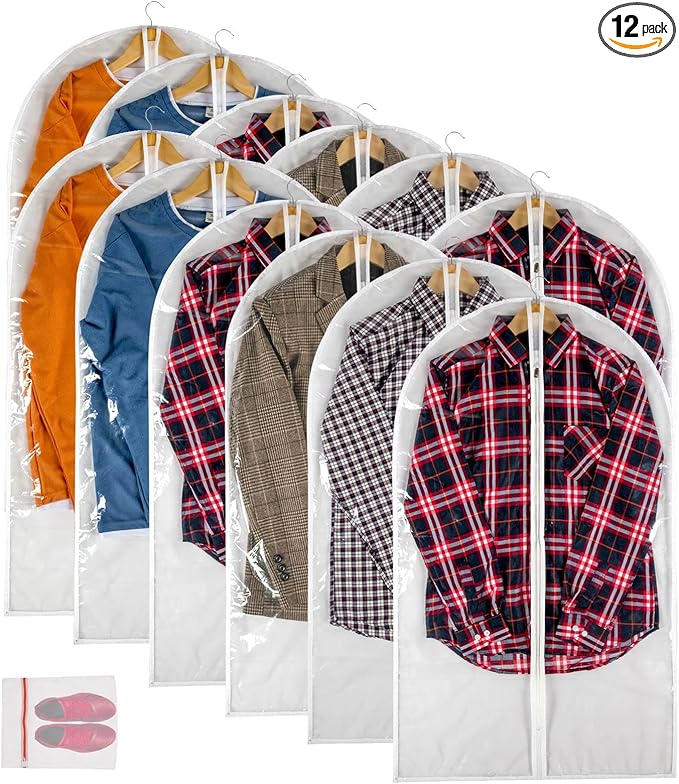 Clear Garment Bag Suit Bags for Closet Storage, Vinyl Garment Bags for Hanging Clothes, Coat Covers for Closet with Zipper and Plastic Garment Bags for Hanging Clothes - 24'' X 40''/12 Pack