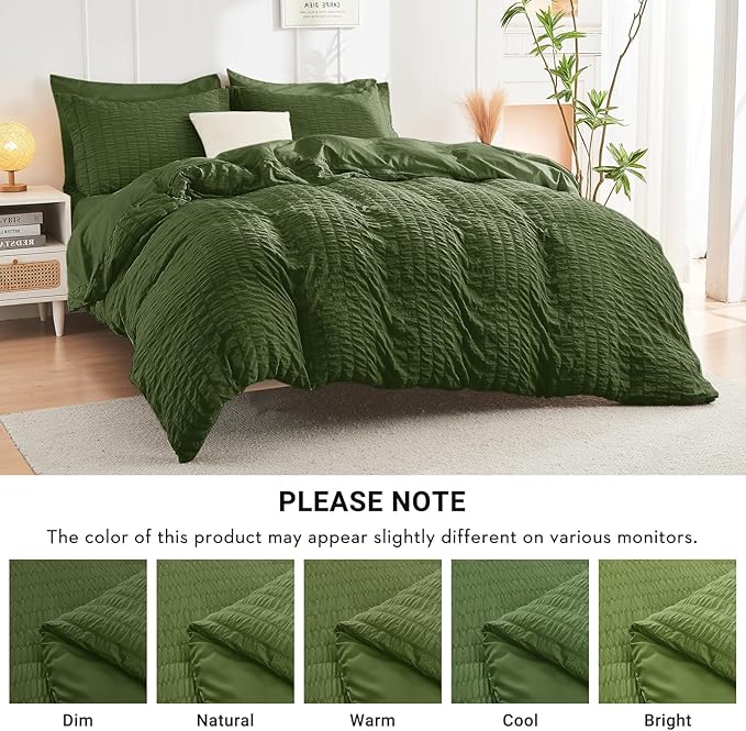 HYMOKEGE Olive Green Full Size Comforter Sets Seersucker 7 Pieces, All Season Luxury Bed in a Bag for Bedroom, Bedding Set with Comforter, Sheets, Pillowcases & Shams