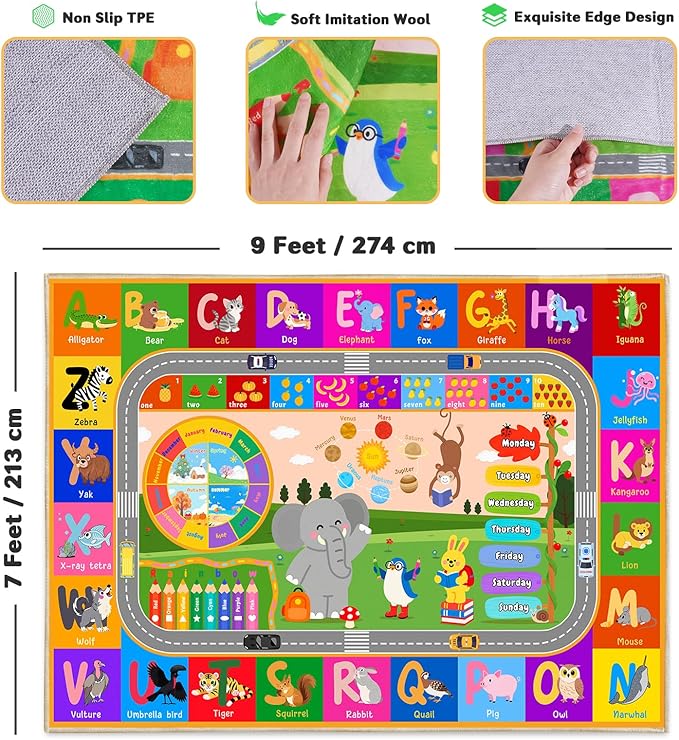 ABC Rug 7' x 9', Kids Rug for Playroom Educational Carpet for Learning Numbers, Colors, Animal Words and Season, Washable Kid Play Mat for Children Classroom Playroom Girls Boys Room