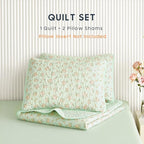 Wake In Cloud - Floral Quilt Set, Coquette Cottagecore Shabby Chic Flower Pattern for Women Teen Girls, Reversible Lightweight Bedspread Coverlet, 3 Pieces, Green Pink, King Size