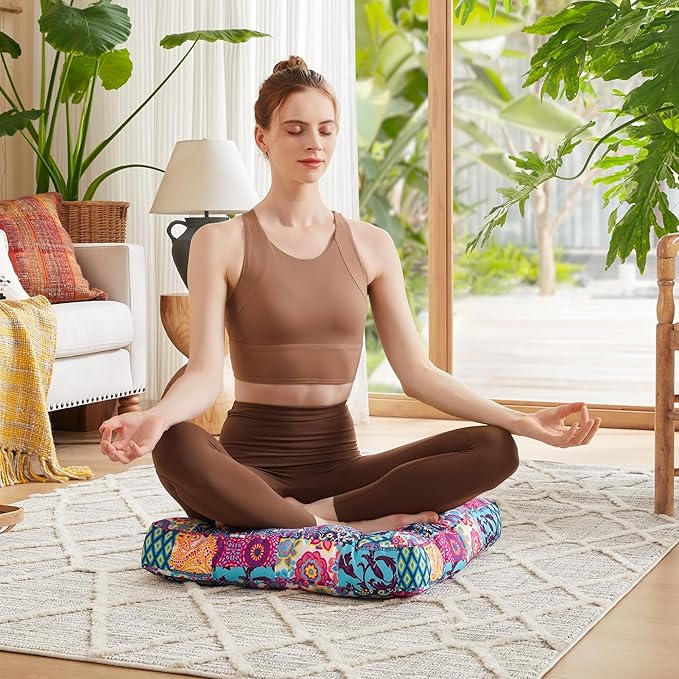 Codi Boho Floor Pillow, Large Meditation Cushion for Adults, Square Pillows Seating for Yoga Living Room Tatami Sitting Home Decor, Memory Foam Added, 22x22 Inch, Multi Patchwork