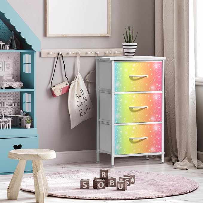 Sorbus Nightstand with 3 Drawers - Bedside Furniture & Accent End Table Chest for Home, Bedroom Accessories, Office, College Dorm, Steel Frame, Wood Top, Pastel Fabric Bins