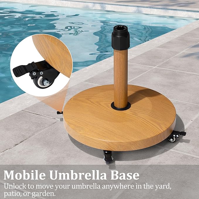 Patio Umbrella Base with 4 Wheels, 55lbs Round Heavy Duty Concrete Stand for Outdoor Market Umbrella, Wood Grain, Teak