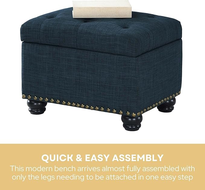 Convenience Concepts Designs4Comfort 5th Avenue Upholstered Storage Ottoman 24" - Contemporary Foot Stool and Seat with Hinged Lid for Living Room, Dining Room, Office, Den, Dark Blue Fabric