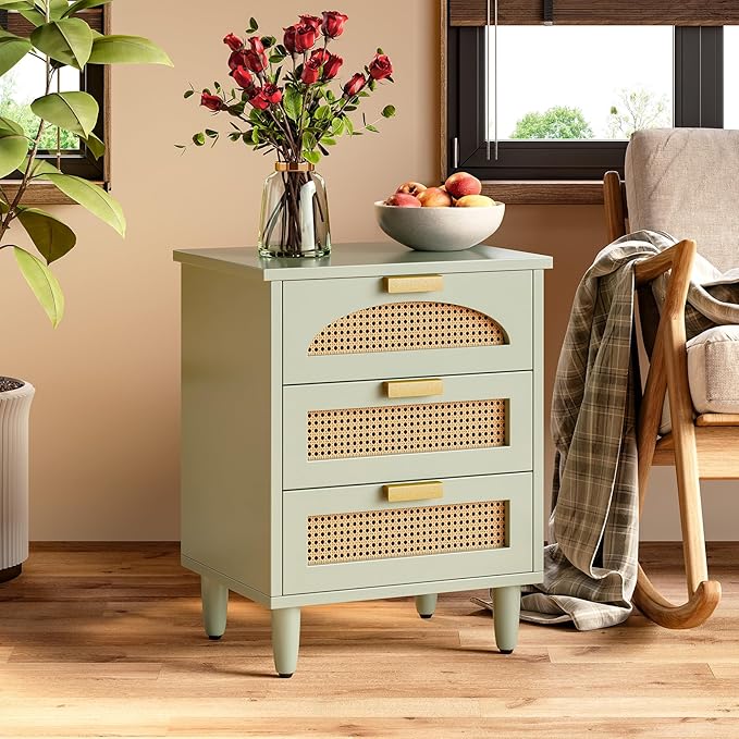 LITTLE TREE Rattan Nightstand Set of 2, Mint Green End Table with 3 Drawers for Couch, Wooden Bedside Table for Living Room, Bedroom, Easy Assembly