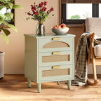 LITTLE TREE Rattan Nightstand Set of 2, Mint Green End Table with 3 Drawers for Couch, Wooden Bedside Table for Living Room, Bedroom, Easy Assembly